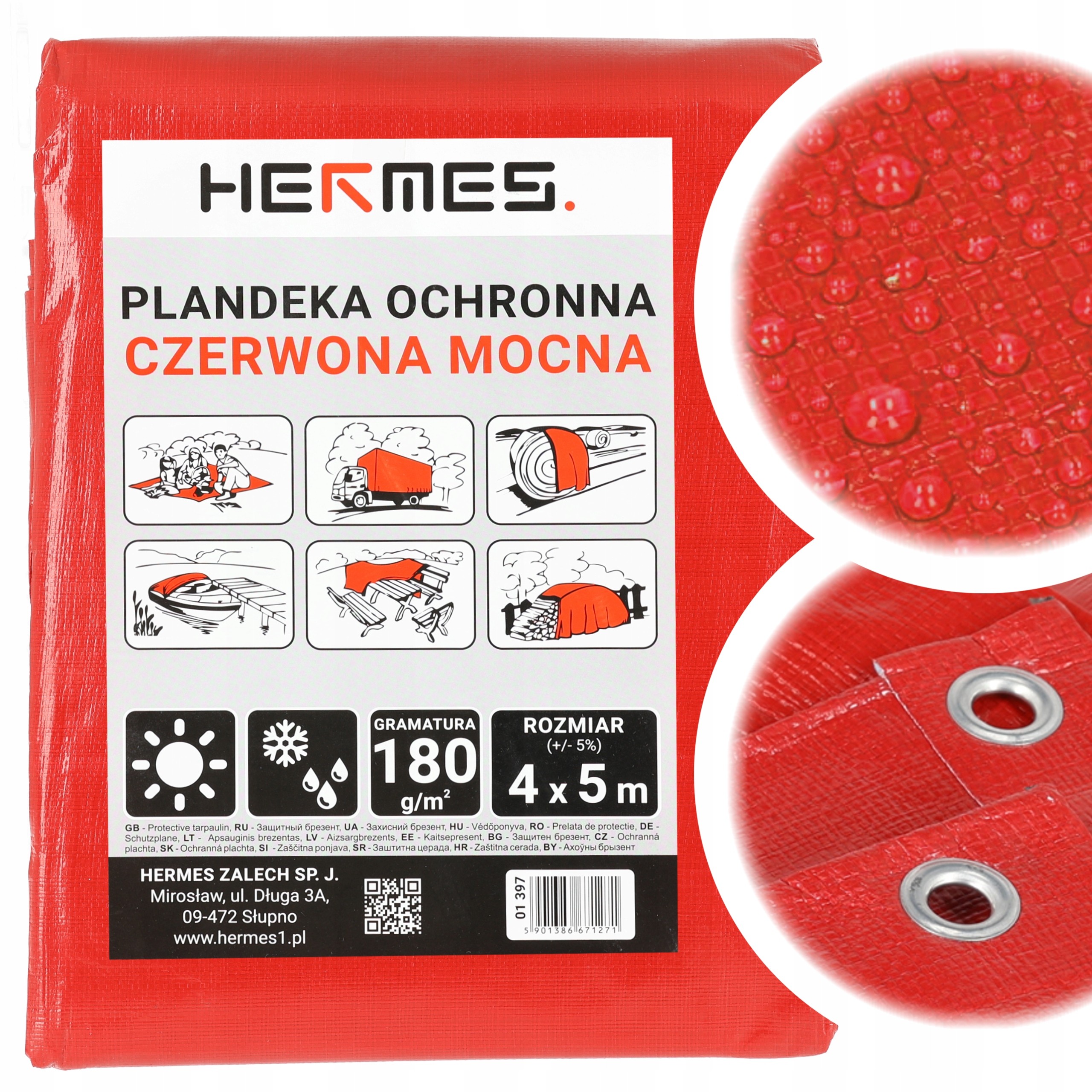 Vodeodolná ochranná plachta 180 g/m², 4x5 m, červená